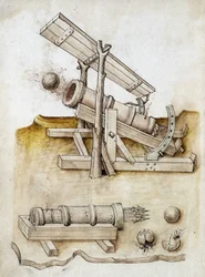 Cañón de bolas y cañón de flechas - Manuscrito: hoja de pergamino de un manual de ingeniero para la construcción de edificios civiles, religiosos y militares, anónimo, finales del siglo XV (figura en tinta china)