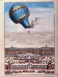 Vuelo en globo: experiencia de los hermanos Montgolfier frente al castillo de Versalles en septiembre de 1783. Grabado del siglo XVIII. París, B.N.