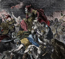 Batalla de los Campos Cataláunicos, donde los romanos, los francos y los visigodos reunidos derrotaron a los hunos de Atila y a los ostrogodos cerca de Troyes, Amanecer - Invasiones bárbaras - (batalla de las llanuras Cataláunicas o batalla de Châlons o