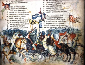 Escena de batalla. Miniatura del «Roman de Troie» de Benoît de Sainte-Maure. Siglo XIV, Biblioteca Marciana, Venecia.