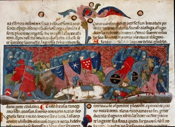 Escena de batalla, guerreros con armadura enfrentándose. (detalle)