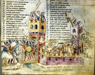 Escena de batalla en un castillo fortificado. Miniatura del «Roman de Troie» de Benoît de Sainte-Maure.