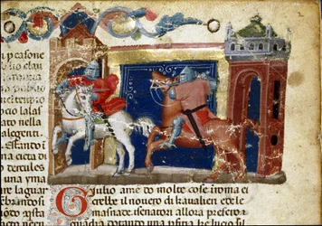 Escena de batalla, dos caballeros en armadura enfrentándose. (detalle) de una página de manuscrito "Los Hechos de los Romanos" alrededor de 1340. Florencia, Biblioteca Riccardiana