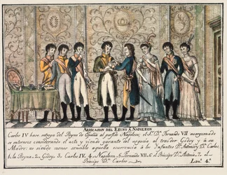 Entrevista de Bayona en 1808 tras la insurrección de Aranjuez, que vio la abdicación del Rey Carlos IV de España ceder el trono a Napoleón I antes de su hijo Fernando VII
