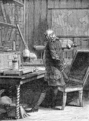 Benjamin Franklin, político y físico estadounidense (1706-1790) en su laboratorio de física en Filadelfia - grabado