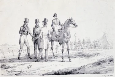 Apuesta al borde del campo de carreras con un jinete a caballo - litografía, principios del siglo XIX