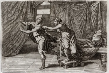 Biblia de Royaumont, Antiguo Testamento: Castidad de José. José es solicitado por la esposa de Putifar y es encarcelado. Ilustración de 1811.