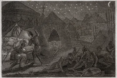 Biblia de Royaumont, Antiguo Testamento: David salva a Saúl. David tiene a Saúl en sus manos, pero no lo hiere. Solo toma la lanza y su copa. Ilustración de 1811.