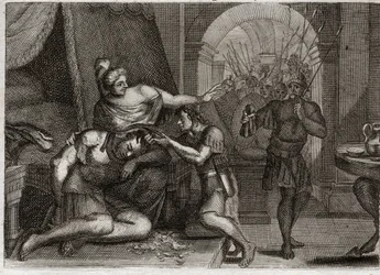 Biblia de Royaumont, Antiguo Testamento: Muerte de Sansón. Sansón revela a Dalila que su fuerza estaba en su cabello. Ella le corta el cabello y trae a los soldados filisteos a la habitación. Ilustración de 1811.