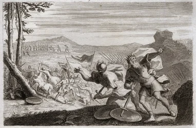 Biblia de Royaumont, Antiguo Testamento: Derrota de Saúl. El ejército de Saúl fue derrotado por los filisteos. Sus tres hijos fueron asesinados allí, y habiendo sido gravemente herido en la batalla, se suicidó. Ilustración de 1811.