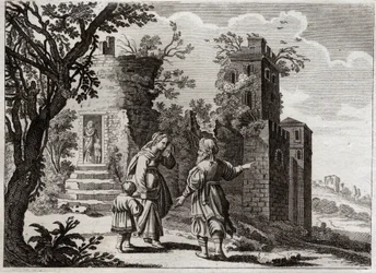 Biblia de Royaumont, Antiguo Testamento: Ismael cazando. Cuando Sara vio que Ismael, el hijo de Agar, trataba mal al pequeño Isaac, pidió a Abraham que la enviara de vuelta con su hijo, para que Isaac fuera el único heredero según las promesas de Dios. Ilu