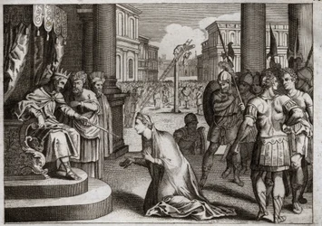 Biblia de Royaumont, Antiguo Testamento: Castigo de Amán. Asuero I (Jerjes I) cuelga a Amán (Hamán) de la horca que había preparado para Mardoqueo (o Mordejai o Mardoqueo) y retracta el Edicto de Muerte que había publicado en todo su reino contra los judío