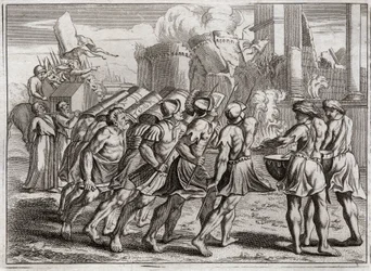 Biblia de Royaumont, Antiguo Testamento: Toma de Jericó. Las murallas de Jericó caen al suelo al sonido de las trompetas de los sacerdotes que precedían el Arca de la Alianza del Señor. Ilustración de 1811.
