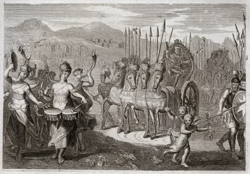 Biblia de Royaumont, Antiguo Testamento: Triunfo de David. Después de que David derrotara al gigante Goliat, las mujeres de Israel salieron a su encuentro para honrar su triunfo, con vítores de alegría y el sonido de instrumentos. Ilustración de 1811