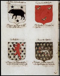 Blasones de los Caballeros de la Mesa Redonda: 1. Brallain, el caballero con dos oscilaciones, 2. El Caballero de Norgales, 3. Gallehault, 4. El amorato de Lystenois. sd. siglo XIX