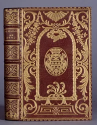 Cubierta de libro, encuadernación con adornos variados a los brazos de la familia Cotte de un almanaque de 1747