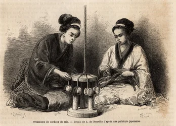 Trenzadores de cordones de seda, en su taller en Yedo (o Edo, actual Tokio); estas trenzas son muy extendidas ya que se utilizan para arreglar y mantener trajes militares y civiles (los japoneses desconocen el botón y el clip para atar la ropa). Grabado