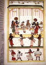 Banquete nupcial - Página del manuscrito (ms.8300) "Historia de Mogol" (Moghul o Moghol) de Stefano Nivibus Cardeira. Siglo XVIII. Biblioteca Marciana, Venecia