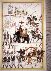 Procesión nupcial de esposos de alta clase social - Página del manuscrito (ms.8300) "Historia de Mogol" (Moghul o Moghol) de Stefano Nivibus Cardeira. Siglo XVIII. Biblioteca Marciana, Venecia