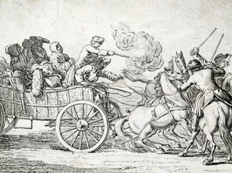 Bandidos atacando a pasajeros en un carro. Grabado anónimo del siglo XVIII.