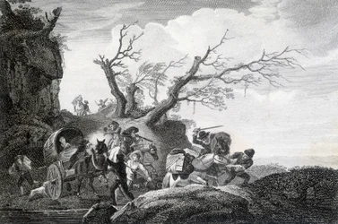 Bandidos atacando viajeros en un camino rural. Grabado anónimo del siglo XVIII