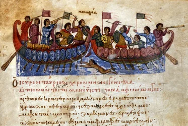 Batalla naval bizantina. Un nadador de asalto ataca el barco enemigo. Manuscrito del siglo XI. Venecia, bibl. Marciana.