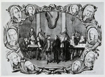 Café Procope en París en el siglo XVIII con Buffon, Gilbert, Diderot, D
