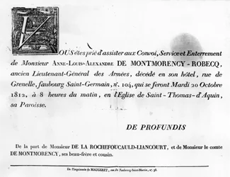 Convocatoria para el funeral de Alexandre de la Rochefoucauld - Archivos Familiares