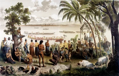 Carrera de canoas en Bassac, Laos. Atlas del viaje de exploración a Indochina durante los años 1866 - 1868, editado por F. Garnier