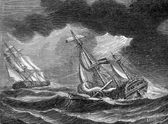 El barco del Capitán Cook salvado, gracias a su pararrayos, cerca de un barco holandés alcanzado por un rayo - grabado