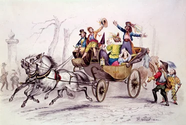 Carnaval. Festejadores disfrazados en un carruaje. Grabado de 1846. París, museo del carnaval