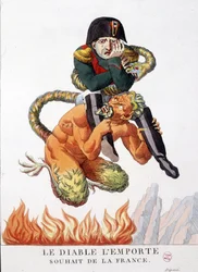 Caricatura sobre Napoleón Bonaparte llevado por el diablo: Que el diablo prevalezca el deseo de Francia - en "Napoleón I, caricaturas, colección ficticia". 1814 - 1815. B.H.V.P.
