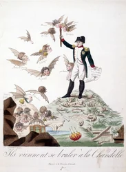 Caricatura sobre Napoleón I representado en una colina cubierta de esqueletos y sosteniendo una vela que quema las alas de personajes (Merlin de Douai, Regnault...) representados como murciélagos - en Napoleón I, caricaturas, colección ficticia. 1814 - 181