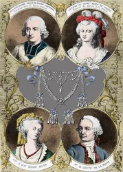 Caso del collar de la reina María Antonieta - los protagonistas del caso: Louis René Edouard de Rohan (Cardenal de Rohan), Jeanne de Valois Saint Remy (Valois-Saint-Remy), Conde de la Motte y Mademoiselle Le Guet d