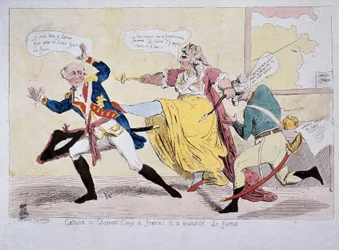 Catalina II despidiendo a François y Brunswick el Foireux, caricatura, finales del siglo XVIII