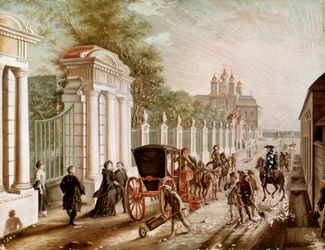 Catalina II o Catalina Alexeievna (1729-1782) dejó el Palacio de Peterhof antes de ser coronada emperatriz en 1762. Litografía de finales del siglo XVIII. San Petersburgo, Castillo de Peterhof