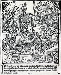 Calderos llenos de aceite y plomo hirviendo en los que los demonios sumergen a los codiciosos para emborracharlos con su mala avaricia.