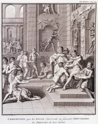 Ceremonias que los Incas observan al hacer caballeros a los Príncipes de Su Sangre - en “Viaje Histórico de América del Sur hecho por Orden del Rey de España” por Don Georges Juan y Don Antoine de Ulloa, T.II, ed. Jombert, Librería del Rey, París
