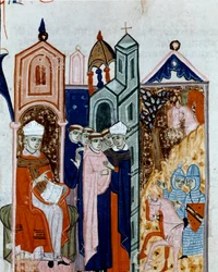 Ceremonia de toma de hábito de un monje Miniatura del “Decretum Gratiani” que regula las leyes y cánones de la Iglesia Católica Romana. Siglo XIV. Cesena, Biblioteca Malatestiana