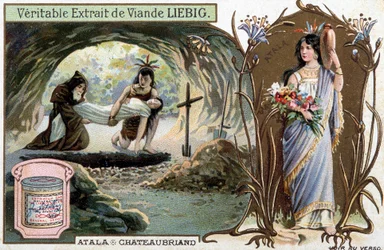 Chactas y el padre Aubry entierran a Atala y retrato de la heroína - Escena de Atala o Los Amores de dos salvajes en el desierto, por François René de Chateaubriand (1768-1848) - cromolitografía de Liebig