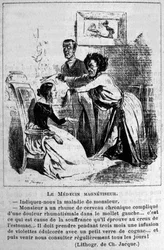 Charlatanismo: sátira sobre la consulta de magnetizadores hipnóticos para tratar enfermedades. De una litografía de Jacque. Siglo XIX