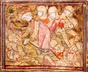 Carlomagno (742-814) encuentra el cuerpo de su sobrino Roldán que murió en la Batalla de Roncesvalles. Miniatura de 