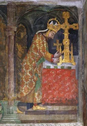 Carlos IV de Luxemburgo (1316-1378), emperador de los Romanos, coloca un fragmento de la Santa Cruz en un relicario