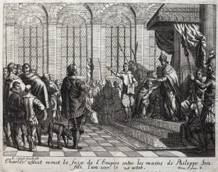 Carlos V (1500-1558) entregó el faix del Imperio a Felipe II (Felipe) (1527-1598), su hijo, el 25 de octubre