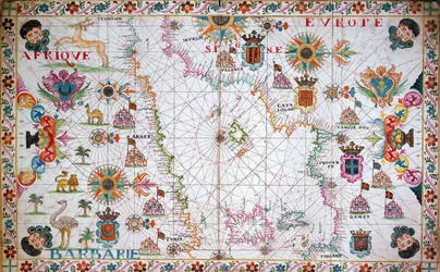 Carta del Mediterráneo occidental con las costas norteafricanas y españolas