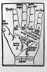 Quiromancia y predicción adivinatoria: representación de las diferentes líneas de la mano que permiten la interpretación de la personalidad. Grabado de 