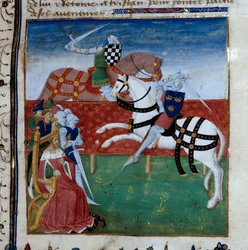 Torneo caballeresco entre Tristán y Palamedes. Miniatura tomada del manuscrito 