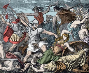 Mujeres cimbrias defienden su fortaleza de carros - Antigüedad romana, Guerra de los cimbrios: el sacrificio de las mujeres cimbrias contra los soldados romanos