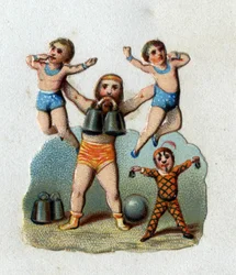 Circo: un alterófilo levanta a dos hombres a la altura del brazo mientras sostiene un peso entre los dientes para demostrar lo que pueden hacer sus músculos. Cromolitografía alrededor de 1890.