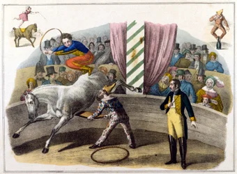 Escena de circo, jinete haciendo acrobacias
